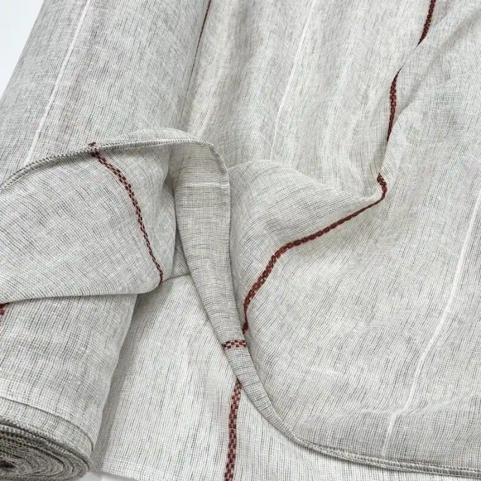 Tissu Voilage grand largeur polyester aspect Lin à rayures marron sur voile écru