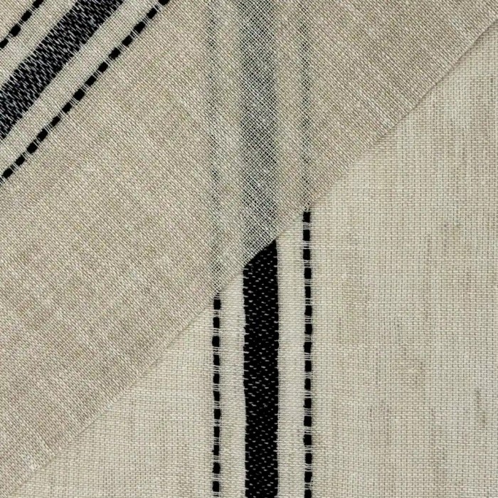 Tissu Voilage grand largeur polyester aspect lin à rayures noires sur voile beige