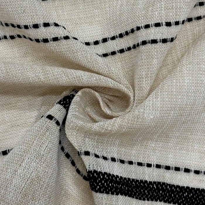 Tissu Voilage grand largeur polyester aspect lin à rayures noires sur voile beige