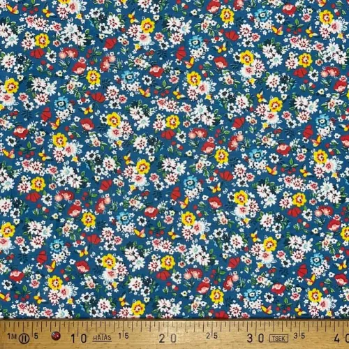 Tissu coton imprimé mille fleurs bleu multi couleur