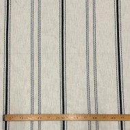 Tissu Voilage grand largeur polyester aspect lin à rayures noires sur voile beige