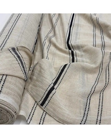 Tissu Voilage grand largeur polyester aspect lin à rayures noires sur voile beige