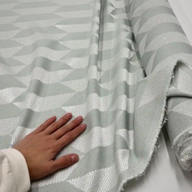 Tissu Jacquard Coton Polyester Géométrique Bicolore Vert de Gris