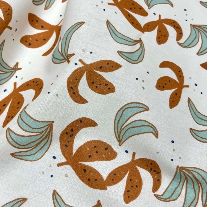 Tissu coton imprimé feuille d'automne bleu terracotta