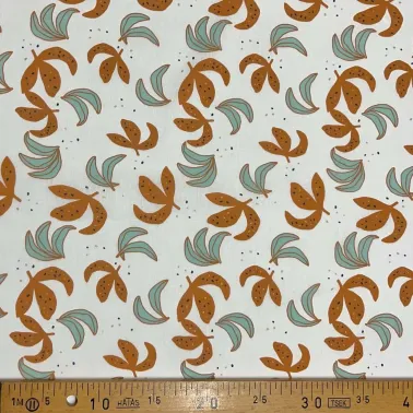 Tissu coton imprimé feuille d'automne bleu terracotta