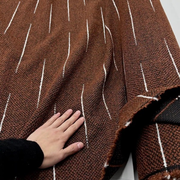 Tissu Jacquard Polyester Bouclette Terre Cuite Rayure Blanc