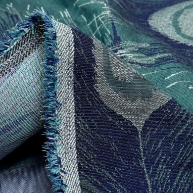 Tissu Jacquard Grand Largeur Polyester Coton Plumes de Paons Bleu Marine Sur Bleu Canard