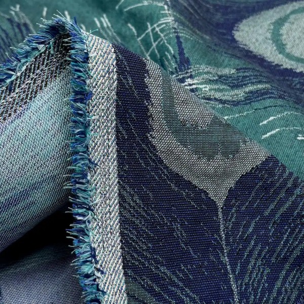 Tissu Jacquard Grand Largeur Polyester Coton Plumes de Paons Bleu Marine Sur Bleu Canard