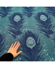 Tissu Jacquard Grand Largeur Polyester Coton Plumes de Paons Bleu Marine Sur Bleu Canard