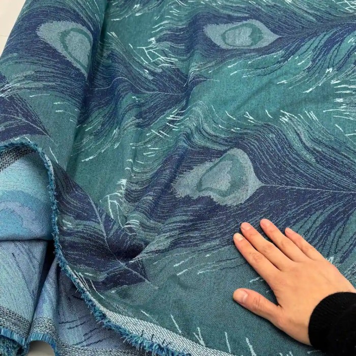 Tissu Jacquard Grand Largeur Polyester Coton Plumes de Paons Bleu Marine Sur Bleu Canard