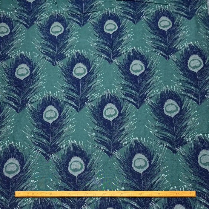 Tissu Jacquard Grand Largeur Polyester Coton Plumes de Paons Bleu Marine Sur Bleu Canard