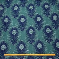 Tissu Jacquard Grand Largeur Polyester Coton Plumes de Paons Bleu Marine Sur Bleu Canard