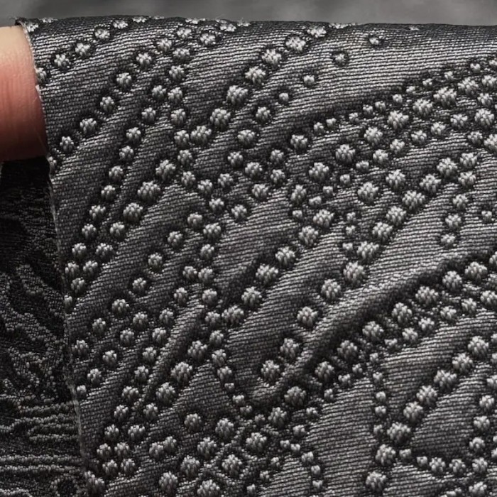 Tissu Jacquard Brocard Fin Soie Polyester Motifs Fantaisie Anthracite Argenté Texturé