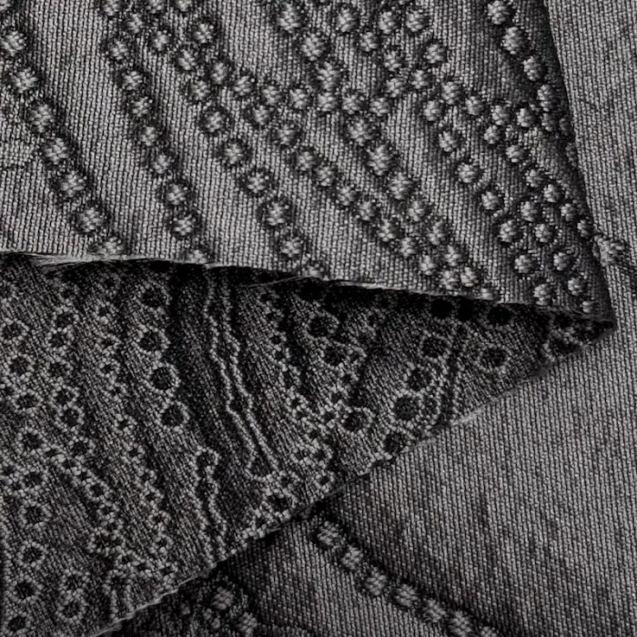 Tissu Jacquard Brocard Fin Soie Polyester Motifs Fantaisie Anthracite Argenté Texturé