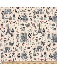 Tissu coton enduit J'aime Paris Tour Eiffel rose noir sur fond beige