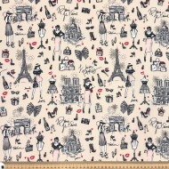 Tissu coton enduit J'aime Paris Tour Eiffel rose noir sur fond beige