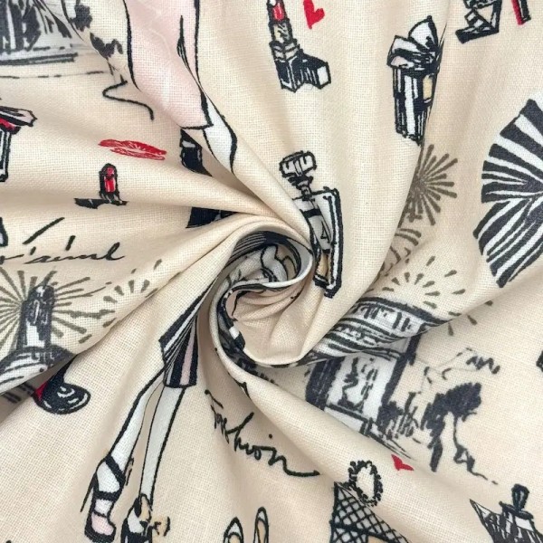 Tissu coton enduit J'aime Paris Tour Eiffel rose noir sur fond beige