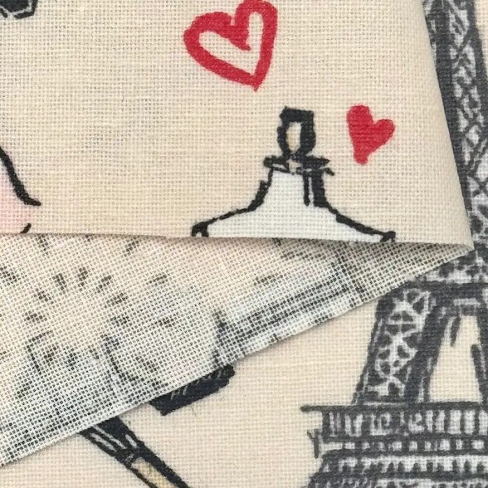 Tissu coton enduit J'aime Paris Tour Eiffel rose noir sur fond beige