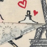 Tissu coton enduit J'aime Paris Tour Eiffel rose noir sur fond beige