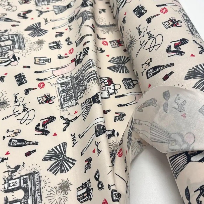 Tissu coton enduit J'aime Paris Tour Eiffel rose noir sur fond beige