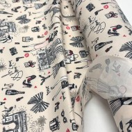 Tissu coton enduit J'aime Paris Tour Eiffel rose noir sur fond beige