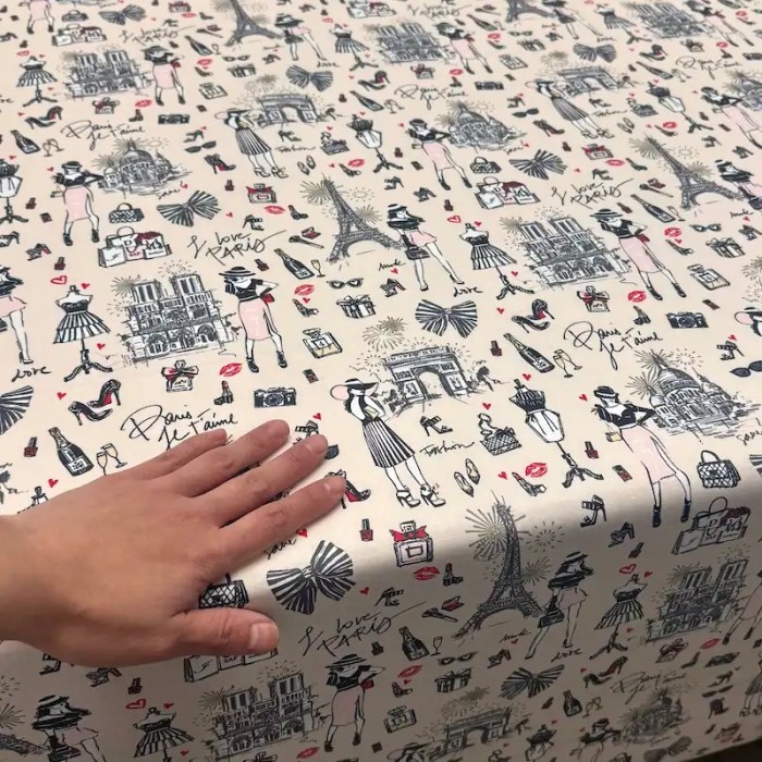 Tissu coton enduit J'aime Paris Tour Eiffel rose noir sur fond beige