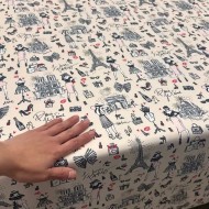 Tissu coton enduit J'aime Paris Tour Eiffel rose noir sur fond beige