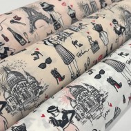 Tissu coton enduit J'aime Paris Tour Eiffel noir et écru sur fond rose poudré