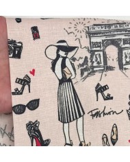 Tissu coton enduit J'aime Paris Tour Eiffel noir et écru sur fond rose poudré