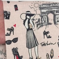 Tissu coton enduit J'aime Paris Tour Eiffel noir et écru sur fond rose poudré