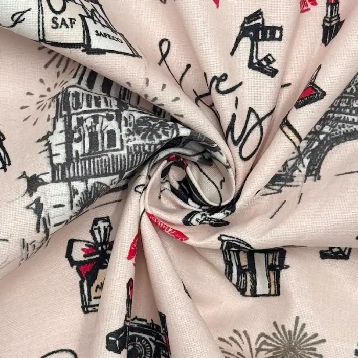 Tissu coton enduit J'aime Paris Tour Eiffel noir et écru sur fond rose poudré