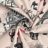 Tissu coton enduit J'aime Paris Tour Eiffel noir et écru sur fond rose poudré