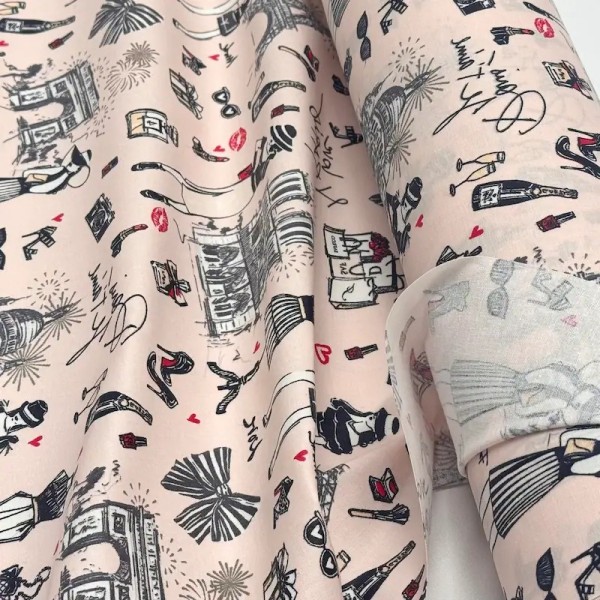 Tissu coton enduit J'aime Paris Tour Eiffel noir et écru sur fond rose poudré