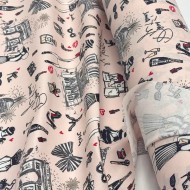 Tissu coton enduit J'aime Paris Tour Eiffel noir et écru sur fond rose poudré