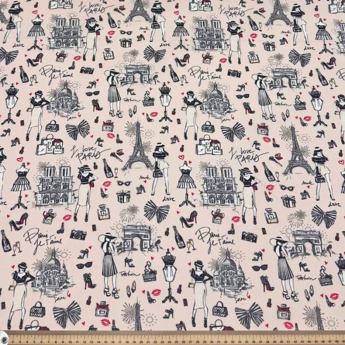 Tissu coton enduit J'aime Paris Tour Eiffel noir et écru sur fond rose poudré