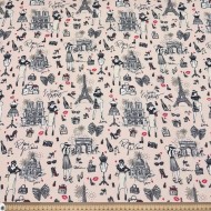 Tissu coton enduit J'aime Paris Tour Eiffel noir et écru sur fond rose poudré