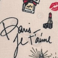 Tissu coton enduit J'aime Paris Tour Eiffel noir et écru sur fond rose poudré