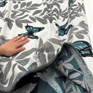 Tissu Jacquard Grand Largeur Double Tissage Polyester Coton Papillons Bleu Feuillages Gris Sur Fond Blanc