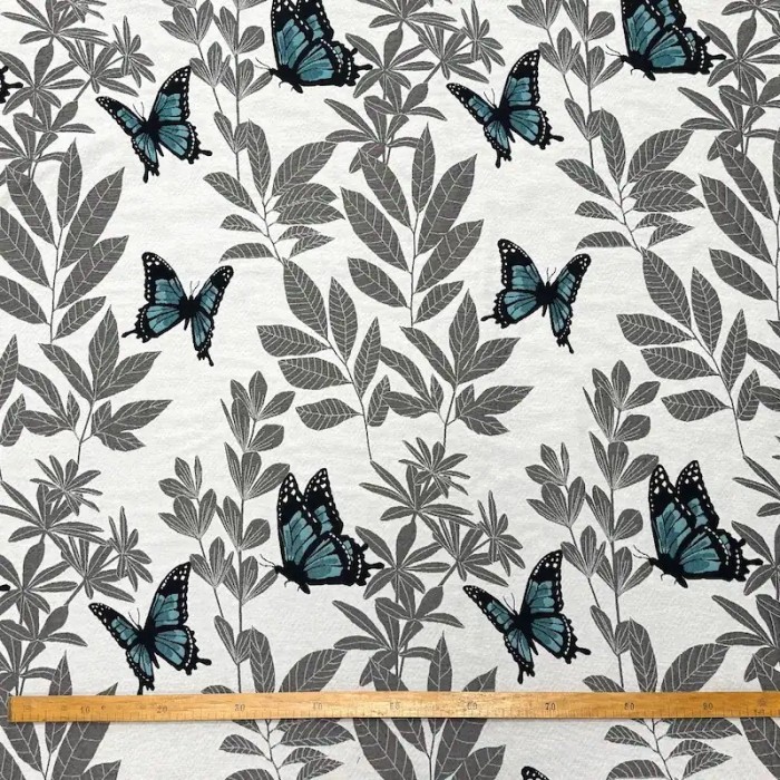 Tissu Jacquard Grand Largeur Double Tissage Polyester Coton Papillons Bleu Feuillages Gris Sur Fond Blanc