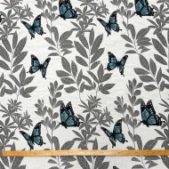 Tissu Jacquard Grand Largeur Double Tissage Polyester Coton Papillons Bleu Feuillages Gris Sur Fond Blanc