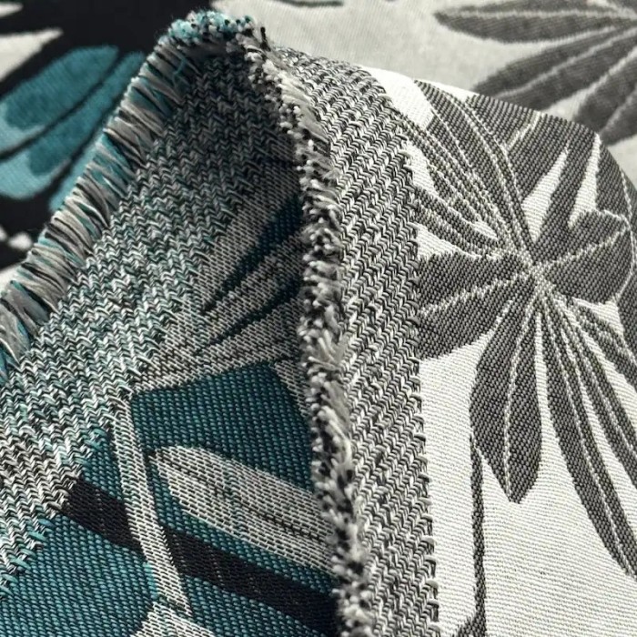 Tissu Jacquard Grand Largeur Double Tissage Polyester Coton Papillons Bleu Feuillages Gris Sur Fond Blanc