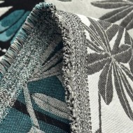 Tissu Jacquard Grand Largeur Double Tissage Polyester Coton Papillons Bleu Feuillages Gris Sur Fond Blanc