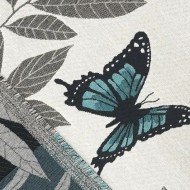 Tissu Jacquard Grand Largeur Double Tissage Polyester Coton Papillons Bleu Feuillages Gris Sur Fond Blanc