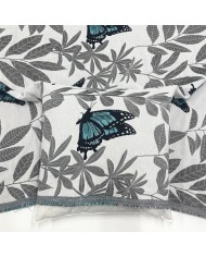 Tissu Jacquard Grand Largeur Double Tissage Polyester Coton Papillons Bleu Feuillages Gris Sur Fond Blanc