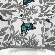 Tissu Jacquard Grand Largeur Double Tissage Polyester Coton Papillons Bleu Feuillages Gris Sur Fond Blanc
