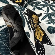 Tissu Jacquard Double Tissage Polyester Coton Papillons Ocre Feuillages Vert Profond Sur Fond Blanc
