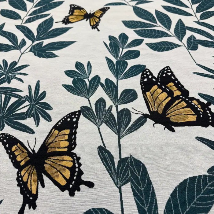 Tissu Jacquard Double Tissage Polyester Coton Papillons Ocre Feuillages Vert Profond Sur Fond Blanc