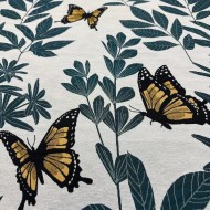 Tissu Jacquard Double Tissage Polyester Coton Papillons Ocre Feuillages Vert Profond Sur Fond Blanc