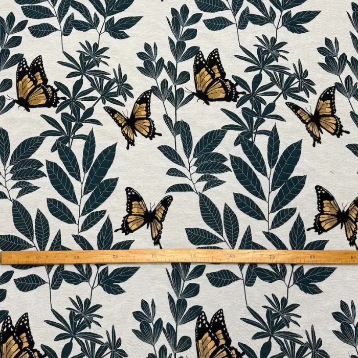 Tissu Jacquard Double Tissage Polyester Coton Papillons Ocre Feuillages Vert Profond Sur Fond Blanc