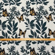 Tissu Jacquard Double Tissage Polyester Coton Papillons Ocre Feuillages Vert Profond Sur Fond Blanc